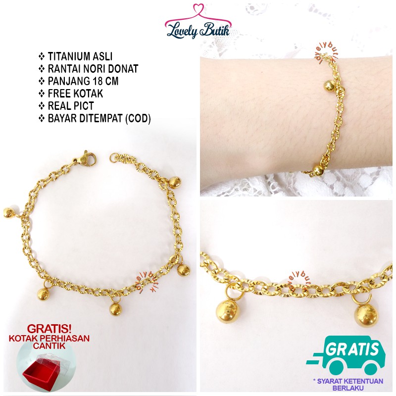 Lovelybutik Gelang Tangan Wanita Titanium Anti Luntur Model Nori donat Bol4 Uk 18 cm BONUS KOTAK PERHIASAN