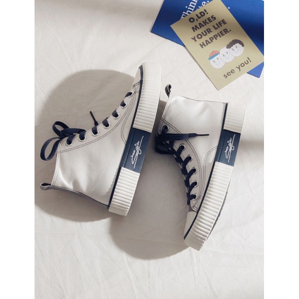 [ PAKAI DUS SEPATU ] IDEALIFESHOES Sepatu Wanita canvas Sneakers Abg Putih Biru Garis Import Korea High Top Kanvas import  KY-03