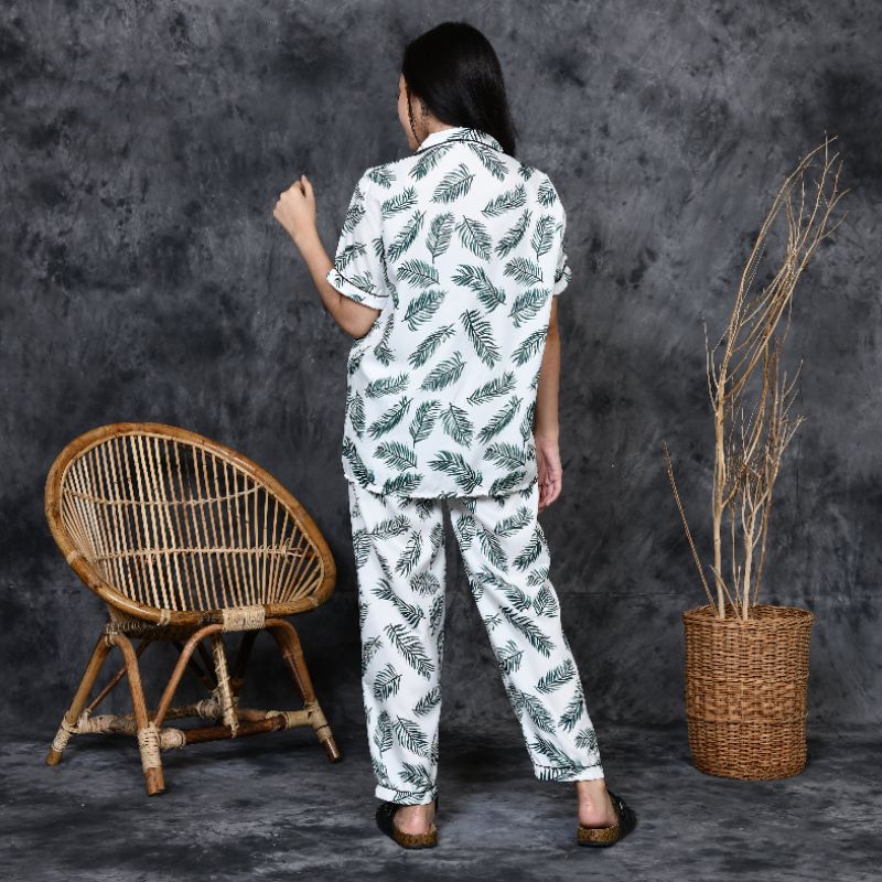 Baju Tidur Piyama Wanita Dewasa Motif Coco Daun CP Lengan Pendek Celana Panjang Kekinian