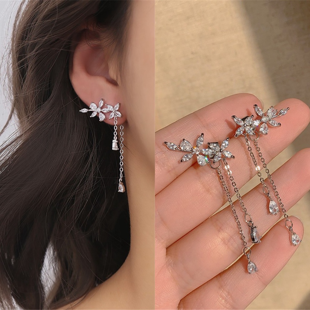 【COD Tangding】Anting Rumbai Panjang Desain Sayap Aksen Zirkon Gaya Korea Untuk Wanita