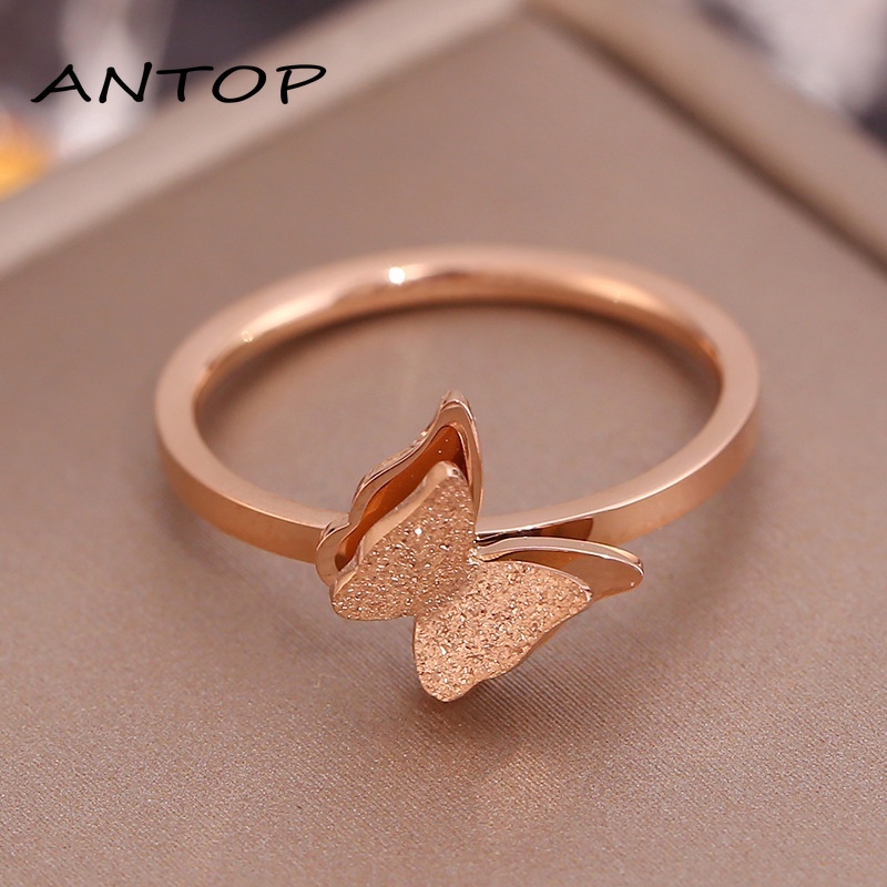 Korea Cincin Titanium Wanita Kupu Karat Lapis Emas Anti Karat Perhiasa Aksesoris Mode ANTOP