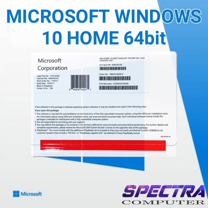 DVD Microsoft Windows 10 Home 64 Bit Original
