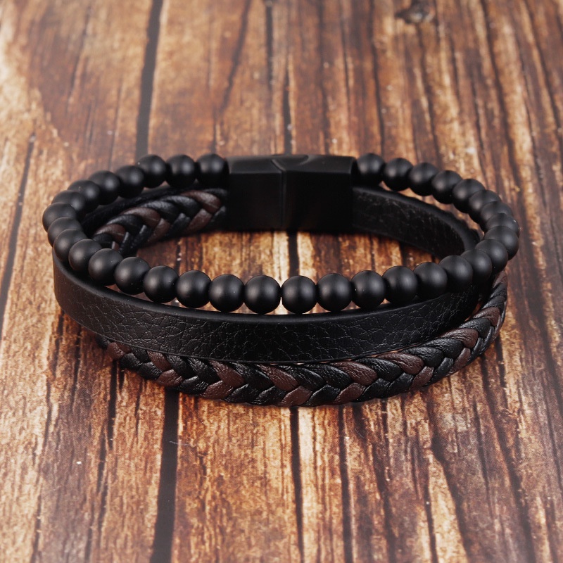 Gelang Batu Vulkanik Alami / Gelang Kulit Dikepang / Gelang Pria Multi-layer / Aksesoris Perhiasan Fashion