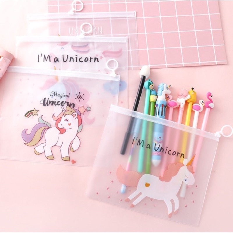 Tempat Pensil Transparan Unicorn &amp; Pink Panther / Map File Unicorn / Zipper Bag