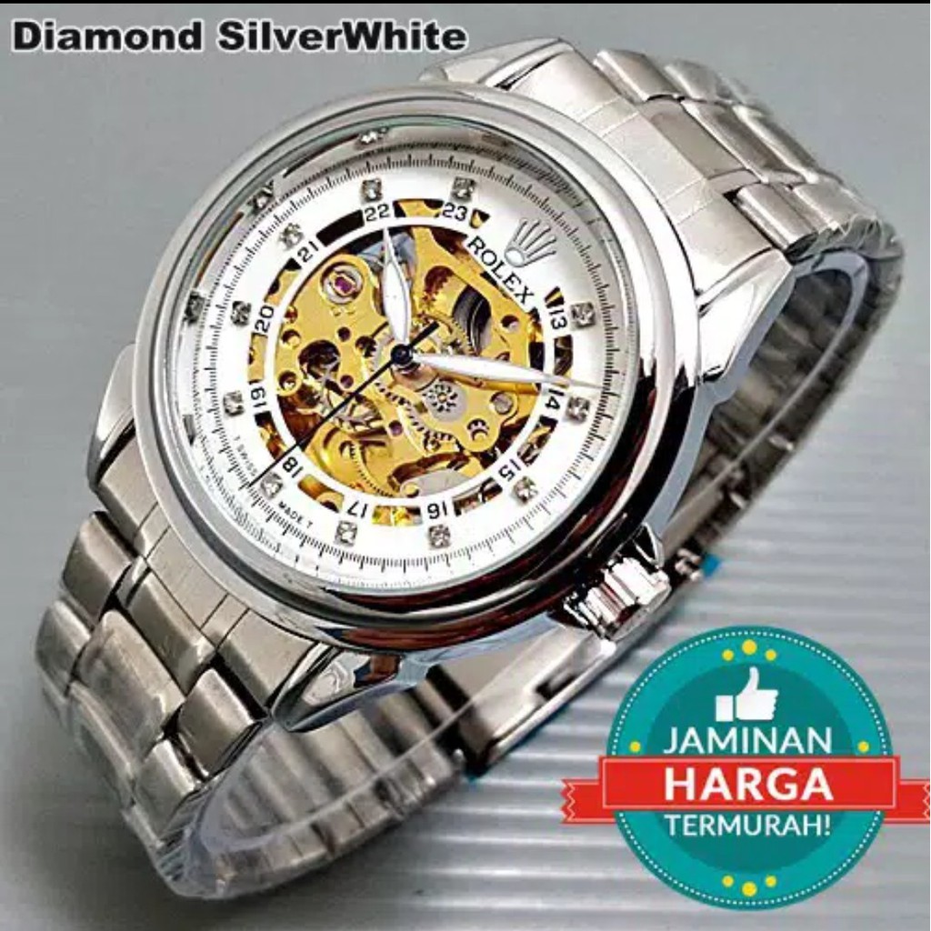 Jam Tangan Pria Rolex Automatic Skaleton Mesin Transparan Stainless Steel Diamond