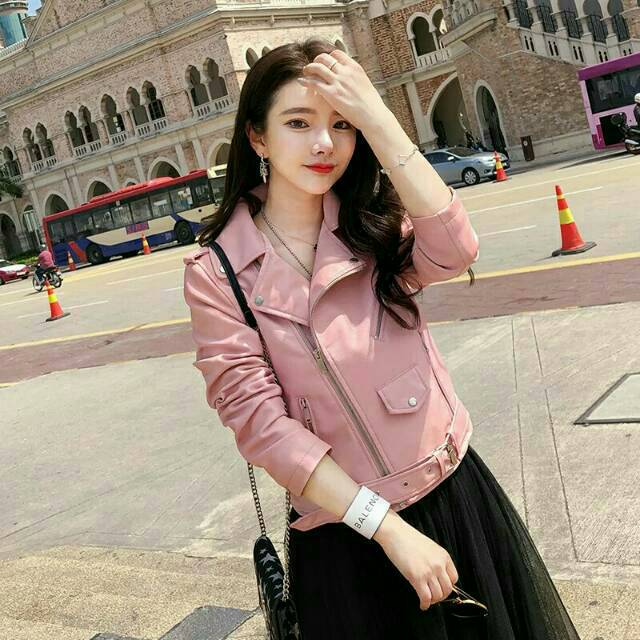 [BISA COD] Jaket  Kulit Wanita Crop Pink Baby/ Sintetis Premium