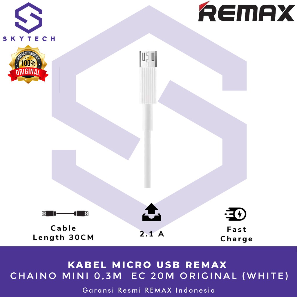 KABEL MICRO USB REMAX CHAINO MINI 0,3M WHITE EC120M ORIIGNAL GARANSI RESMI