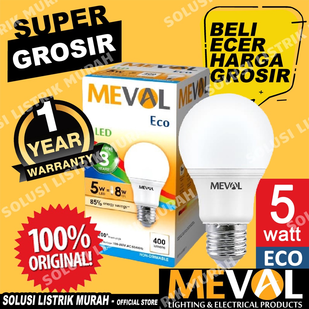 MEVAL Lampu Led Eco 5W Bulb Putih / Warm White / Kuning