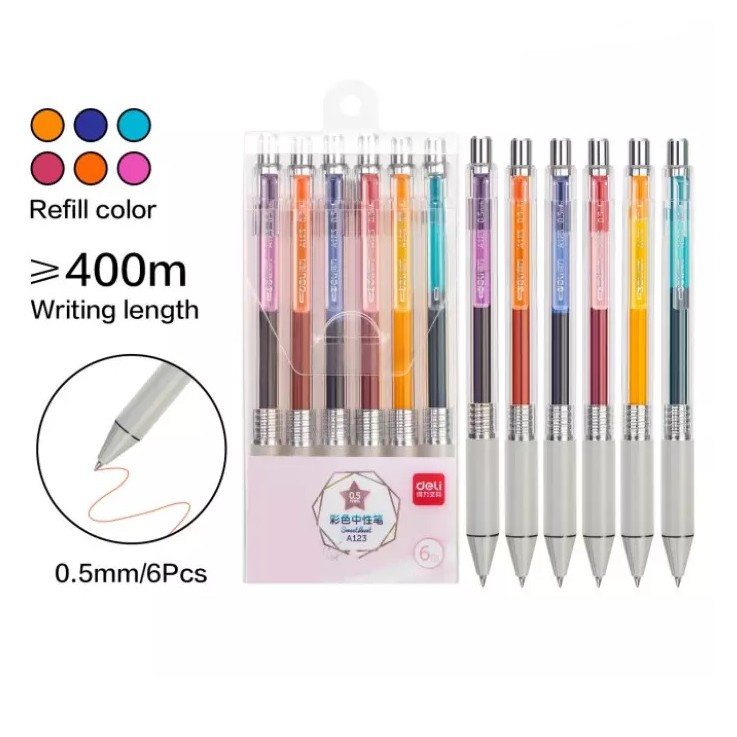 PULPEN GEL CETREK 6 WARNA 0.5 MM DELI A123 PEN BOLPEN GEL WARNA WARNI