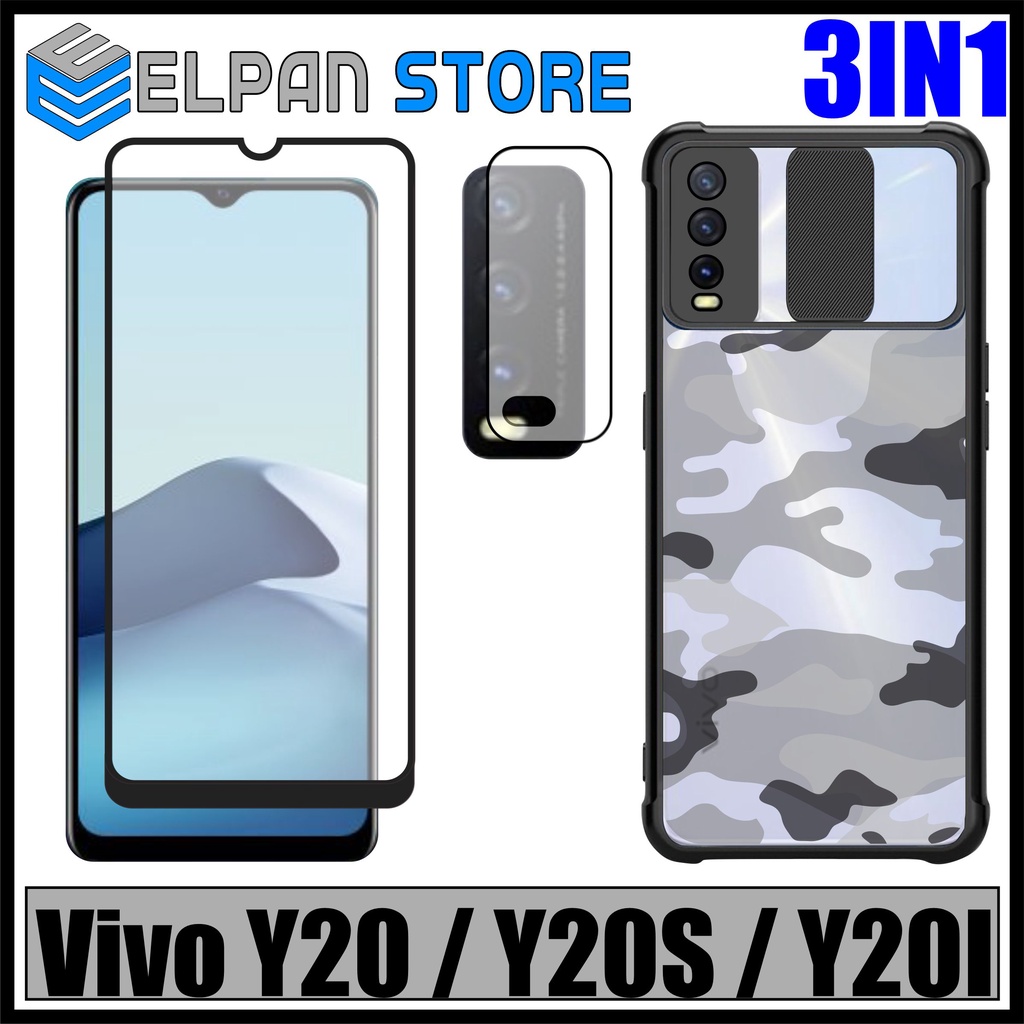 Case Vivo Y20 / Y20s / Y20i Paket 3in1 Softcase Slide Army Free Tempered Glass Layar Dan Camera
