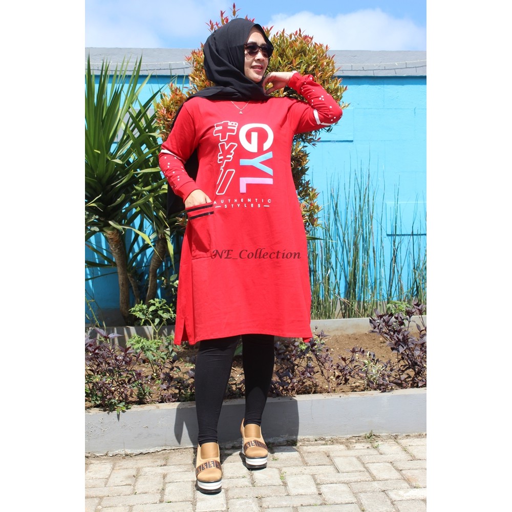 Tunik Kaos Wanita Tunik Gyl Warna Merah Fashion Wanita Muslimah Trendy Bahan Cotton Combed Premium