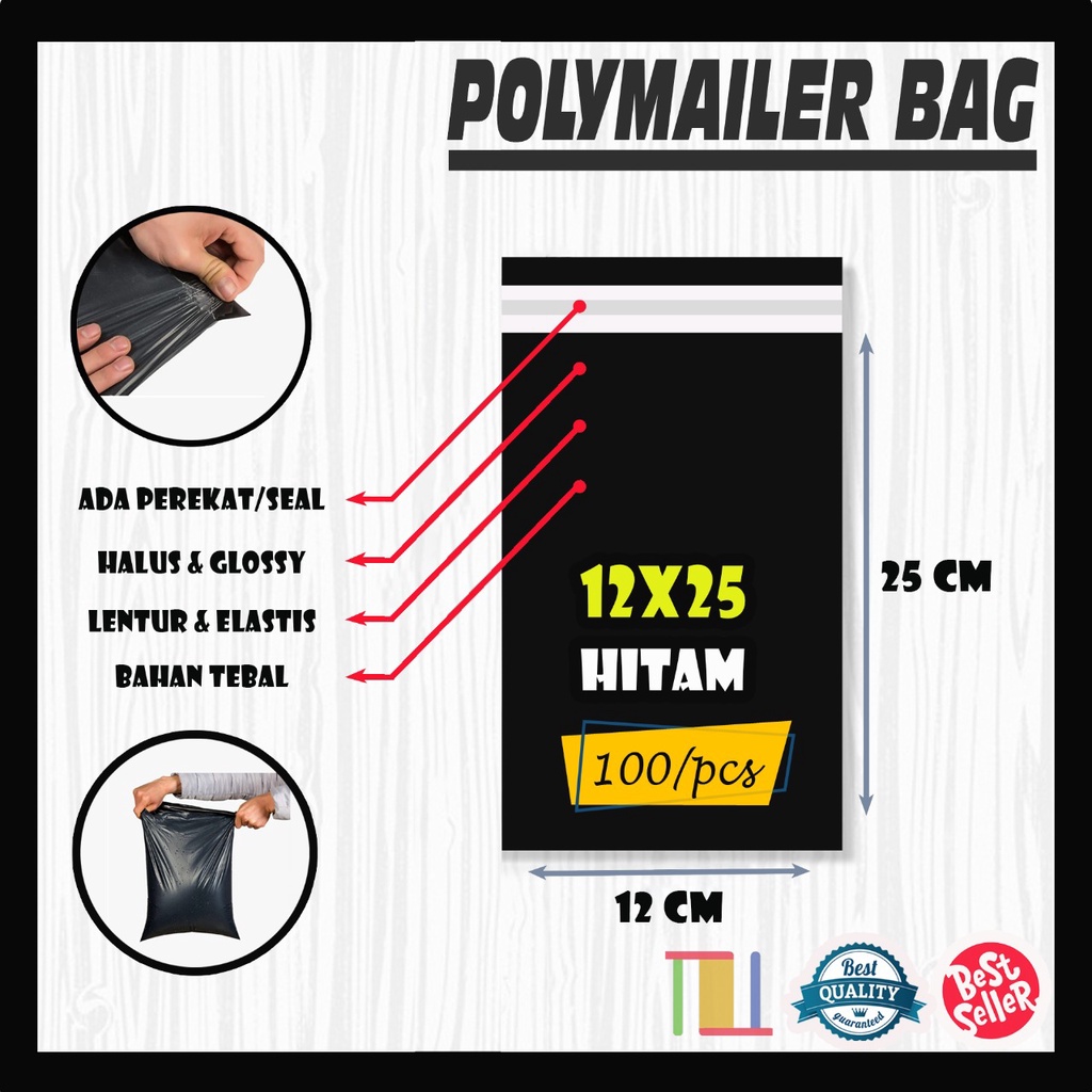 

PLASTIK PACKING OLSHOP PE POLYMAILER 12x25 kantong kemasan amplop plastik HITAM GLOSSY mewah