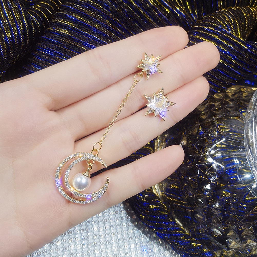 Hu Hu Hu Hu Hu Alat Bantu Pasang Kacamata♡ Anting Tusuk Asimetris Bentuk Bulan Bintang Hias Cubic Zirconia Untuk Wanita