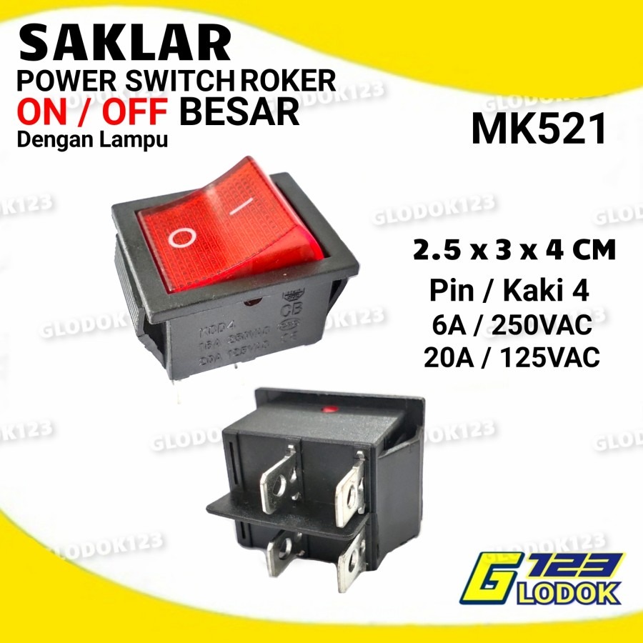 Saklar Power Switch ON OFF Roker Besar 4 Pin Kaki Dengan Lampu