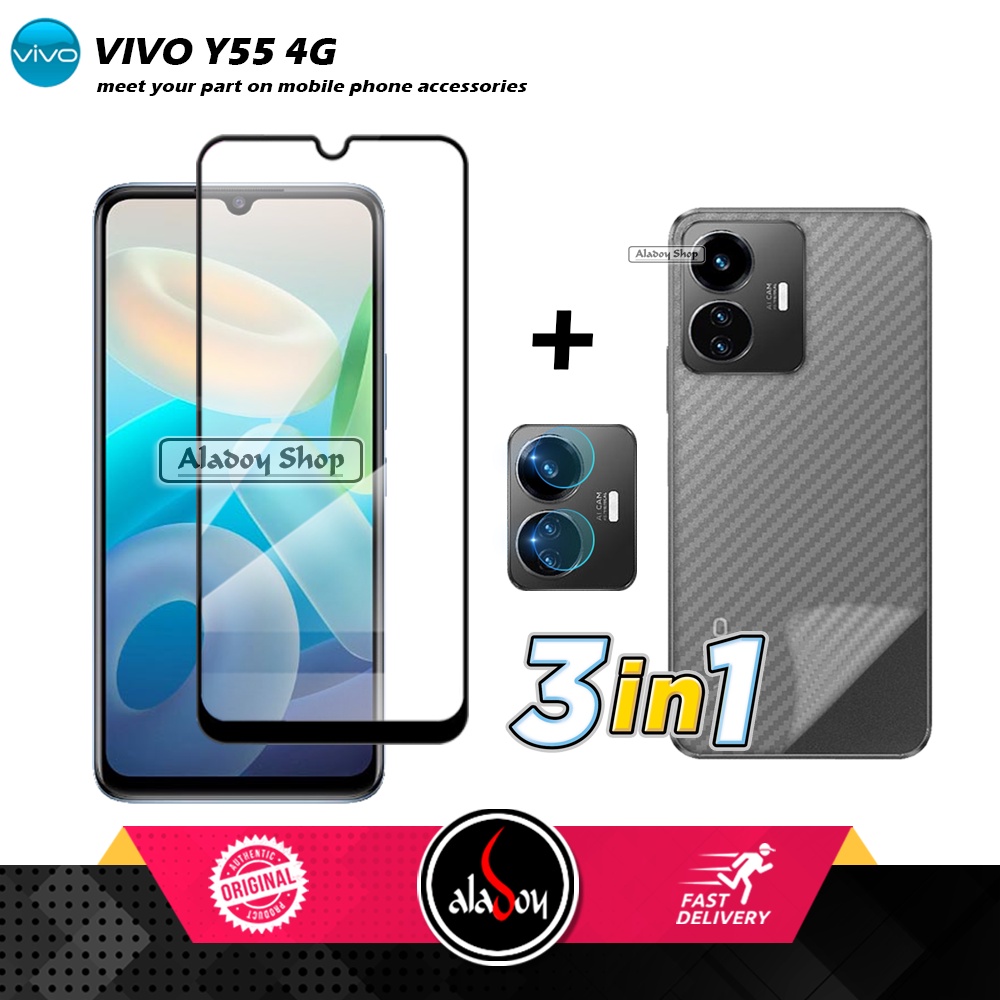 PAKET 3 IN 1 Tempered Glass Layar Vivo Y55 4G Free Tempered Glass Camera dan Skin Carbon