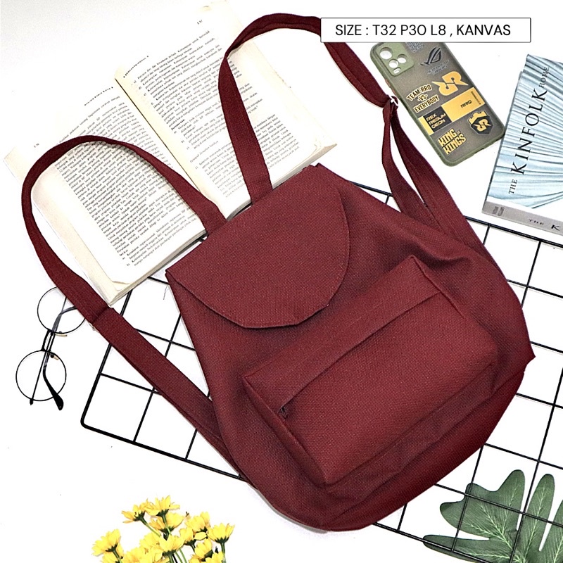 Bayar di Tempat COD Tas Ransel Serut Bahan Kanvas KANTONG Depan Ukuran Medium tas punggung wanita-Warna 681