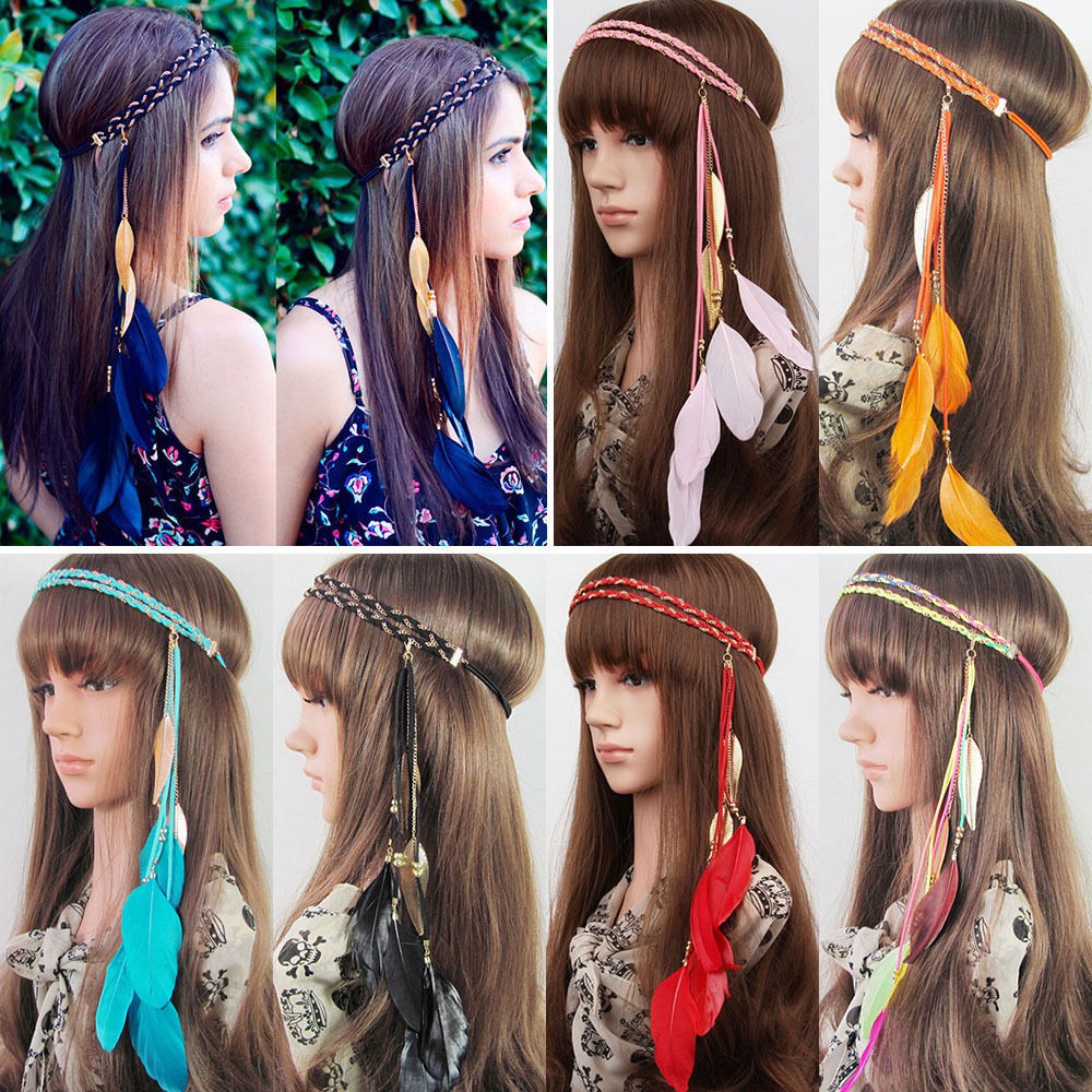 Ikat Kepala Desain Bulu Burung Merak Gaya Hippie Indian Ikat Kepala Desain Bulu Burung Merak Gaya Hippie Indian