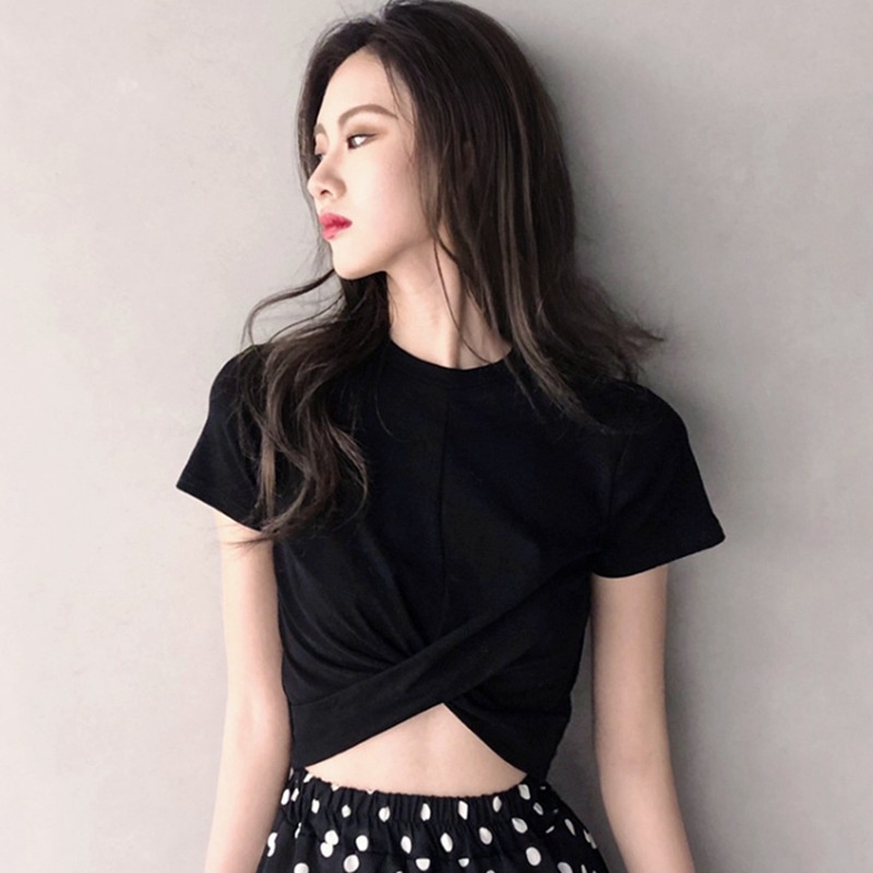 #Sisjuly# Kecil Tinggi Desain Sederhana Lengan PendekTT-shirt Wanita Pendek Ketat Jazz Dance Pusar Internet Ho