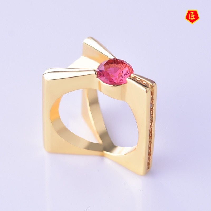 [Ready Stock]Creative Personality 18K Gold Inlaid Ruby Ring