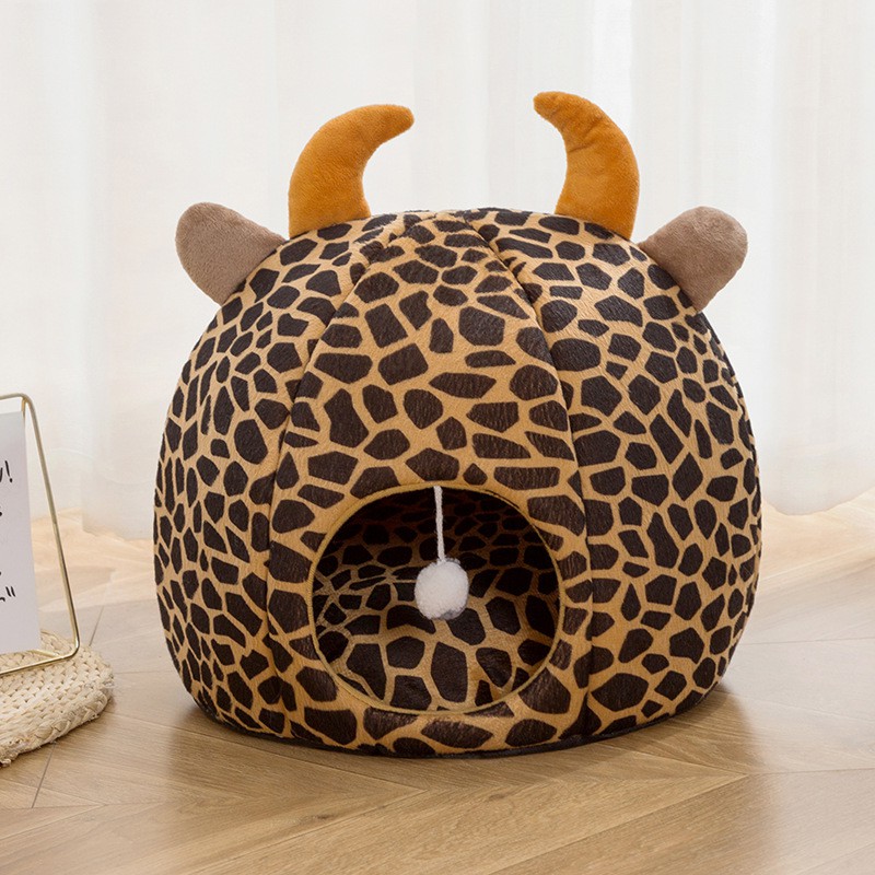 Rumah Kucing Mewah Sarang Tempat Tidur Kucing motif Giraffe bertanduk + bantal