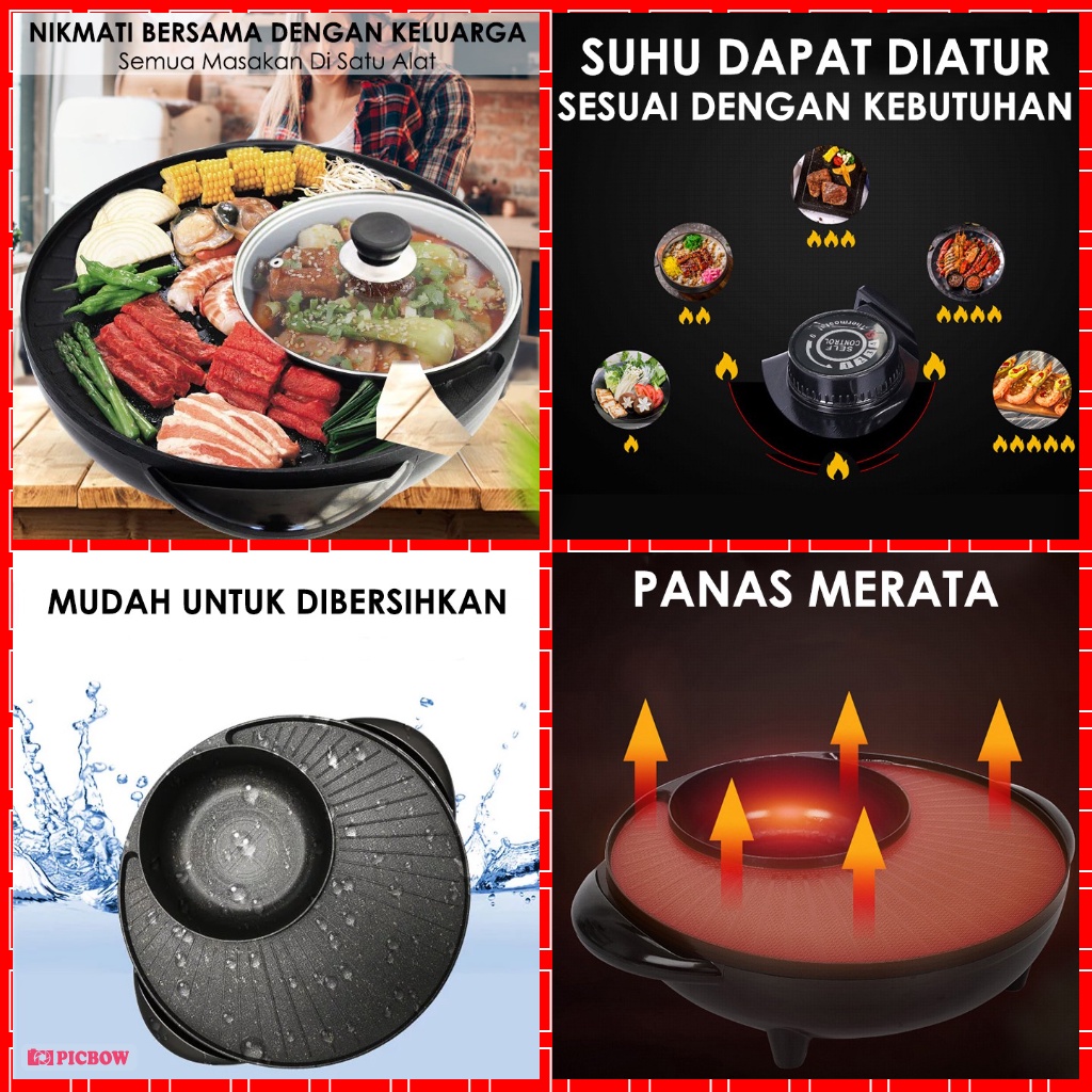 TURUN HARGA Kompor Panggangan Bbq Dan Hotpot Listrik 2 In 1 1300watt Grill Bbq Hotpot Elektrik Anti lengket Panggangan listrik serbaguna Bakar Bakso Sate Sosis Rebus Goreng Bakar Panci Listrik Barbeque Steamboat Teppanyaki Panggangan