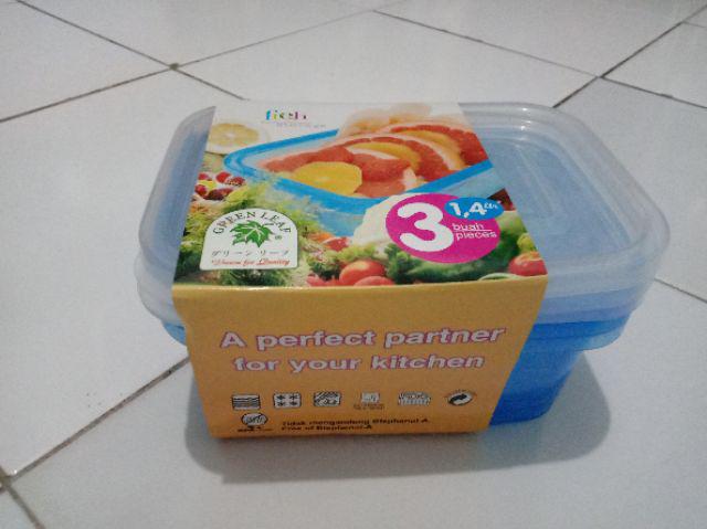 Green Leaf Fresh Wadah Makanan Plastik Persegi 1.4 Liter Set Isi 3