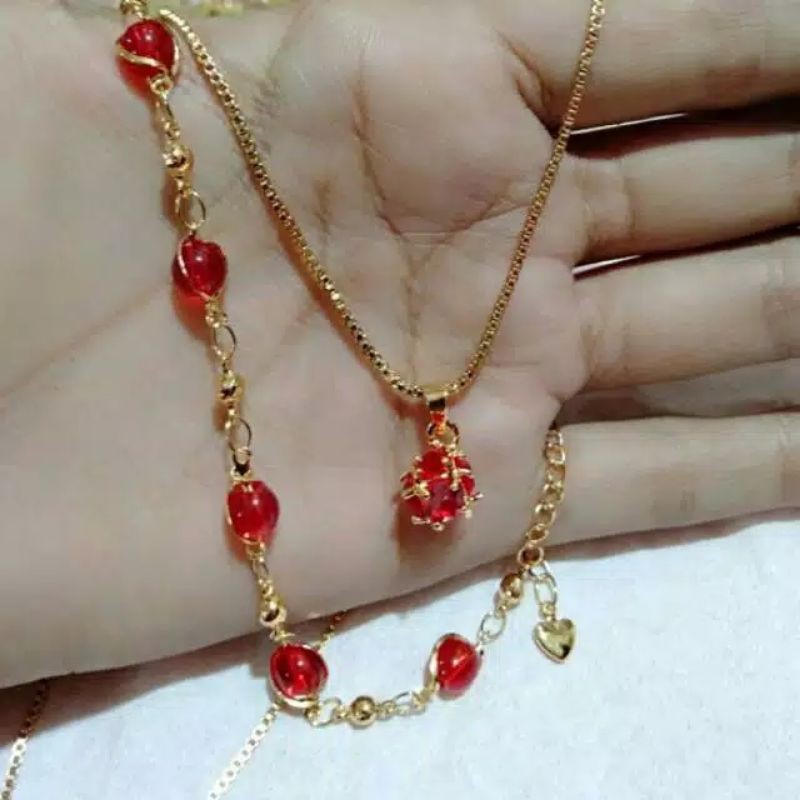 set kalung xuping dan gelang batu permata merah