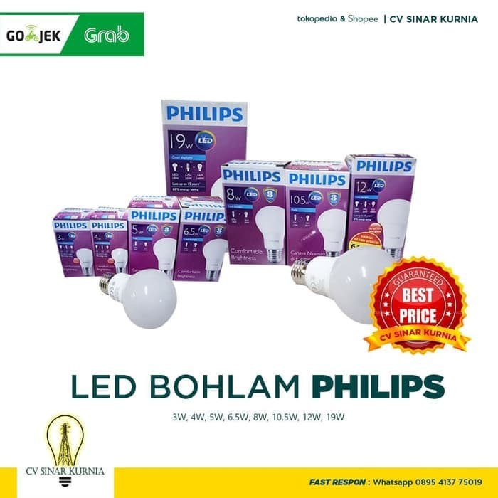 Lampu Bohlam LED Philips 3W 4W 6W 8W 10W 12W 19W  Bulb