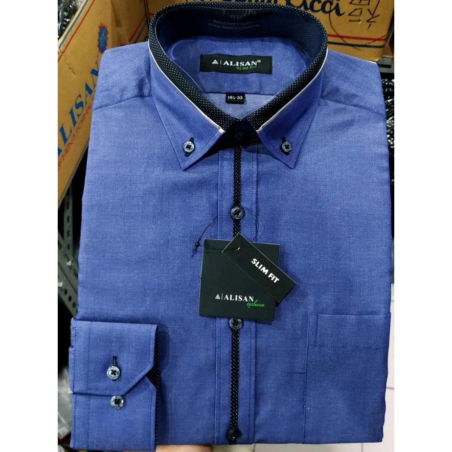 Alisan Kemeja Pria Biru Jeans Slimfit Casual Murah List Hitam Leonard - Biru, S