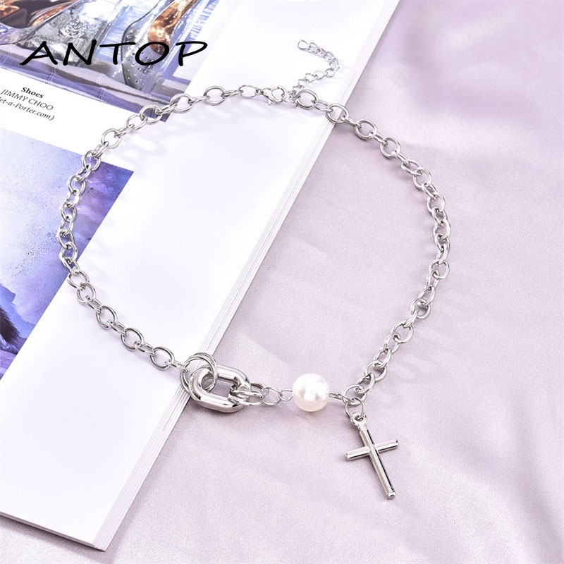 Korea Ins Cross Kalung Mutiara Clavicle Chain Aksesoris Fashion Wanita ANTOP