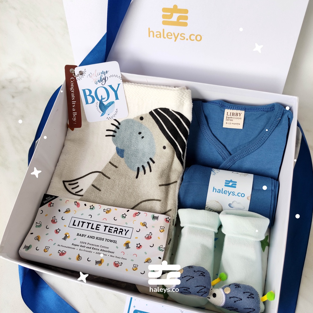 Haleys.co | Baby Hampers Blue Sea Little Terry | Paket Kado Baby Boy Girl 0-12 month | Kado Lahiran Premium | Baby Gift Box |  Kado Bayi | Hampers Baby Boy Girl | Hampers Bayi Laki Laki