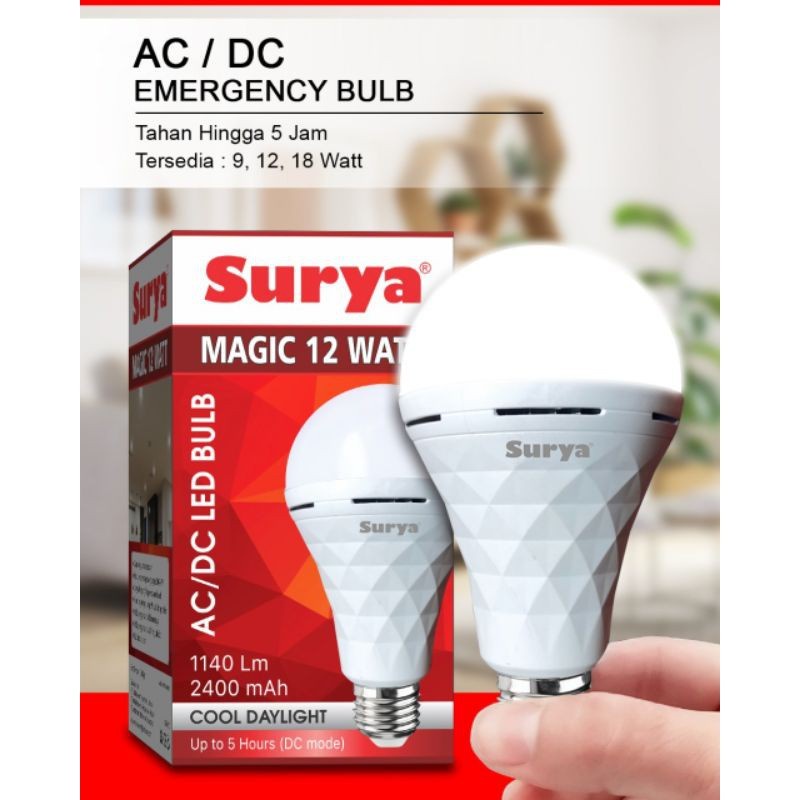 Lampu Bohlam Emergency LED Surya Magic 9W 12W 18W Cahaya Putih Auto On Mati Lampu Original