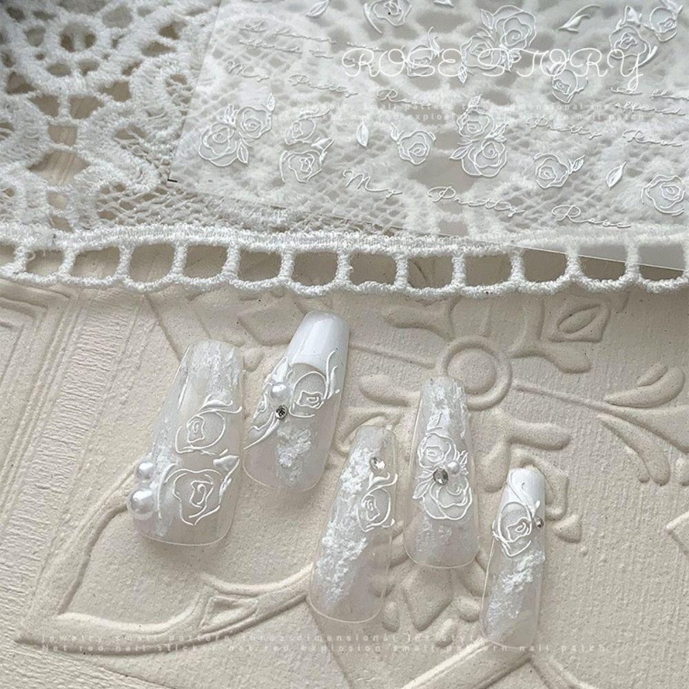 Agustina Nail Relief Rose Stiker Putih Hitam Romantis DIY Sliders Foils Manicuring Nail Dekorasi