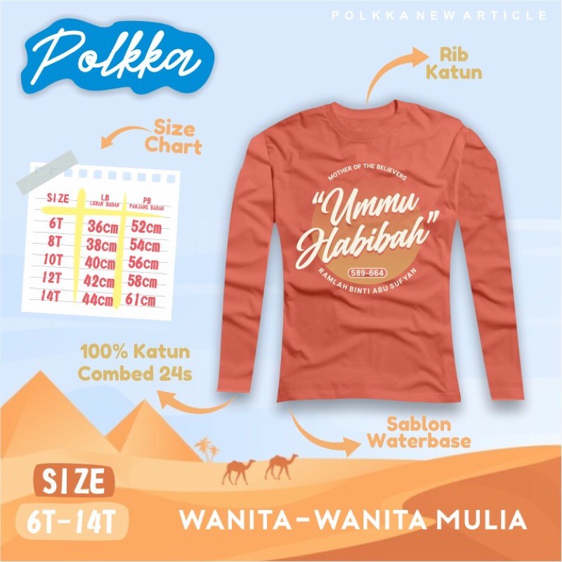 Kaos anak perempuan muslimah longsleeve wanita mulia polkka size 6-14 T kaos sahabat nabi polkka