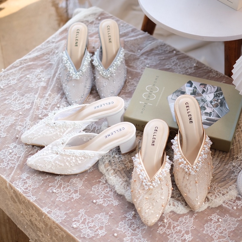 CELLENE Brenda Beads Heels (2warna) / wedding shoes sepatu pengantinbrukat payet putih heels 5cm