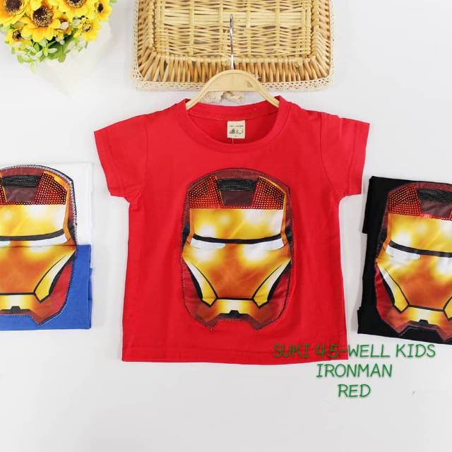Baju kaos anak laki cowok LED lampu menyala ironman hitam biru merah black red blue T-shirt sz90-180