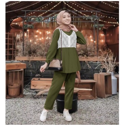 Setelan Lame - One Set 2in1 Atasan + Celana Wanita - Ootd Hijab Selebgram Setelan Wanita - Setelan W