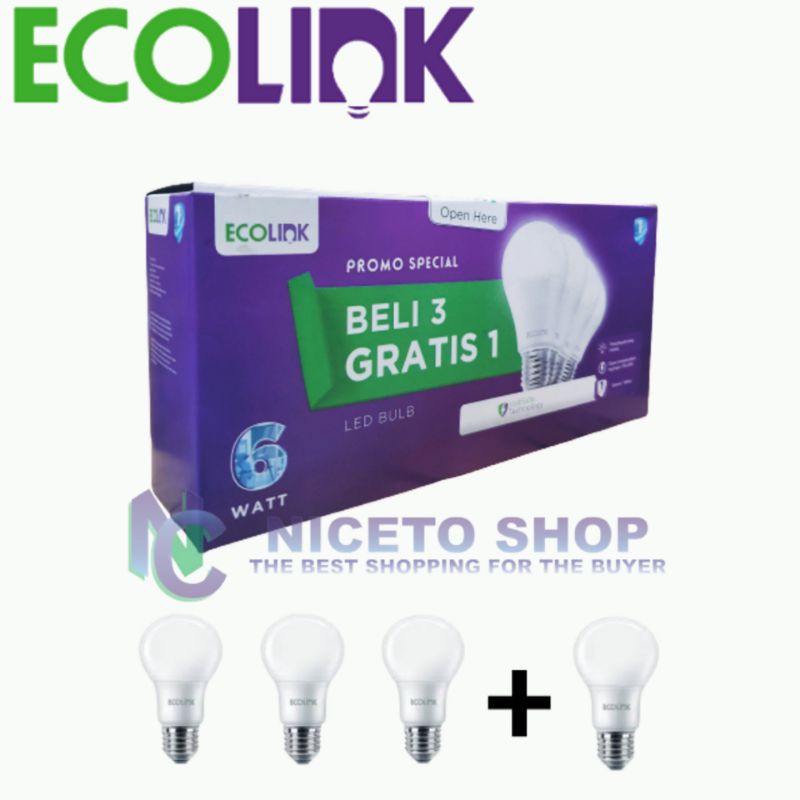 Lampu Paket ECOLINK LEDBulb 6W MultiPack 6500K  Beli 3 gratis 1(Putih)