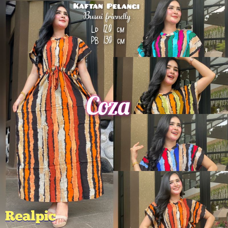 Daster Kaftan Serut Depan  Jumbo Motif Salur Pelangi Cozahijab