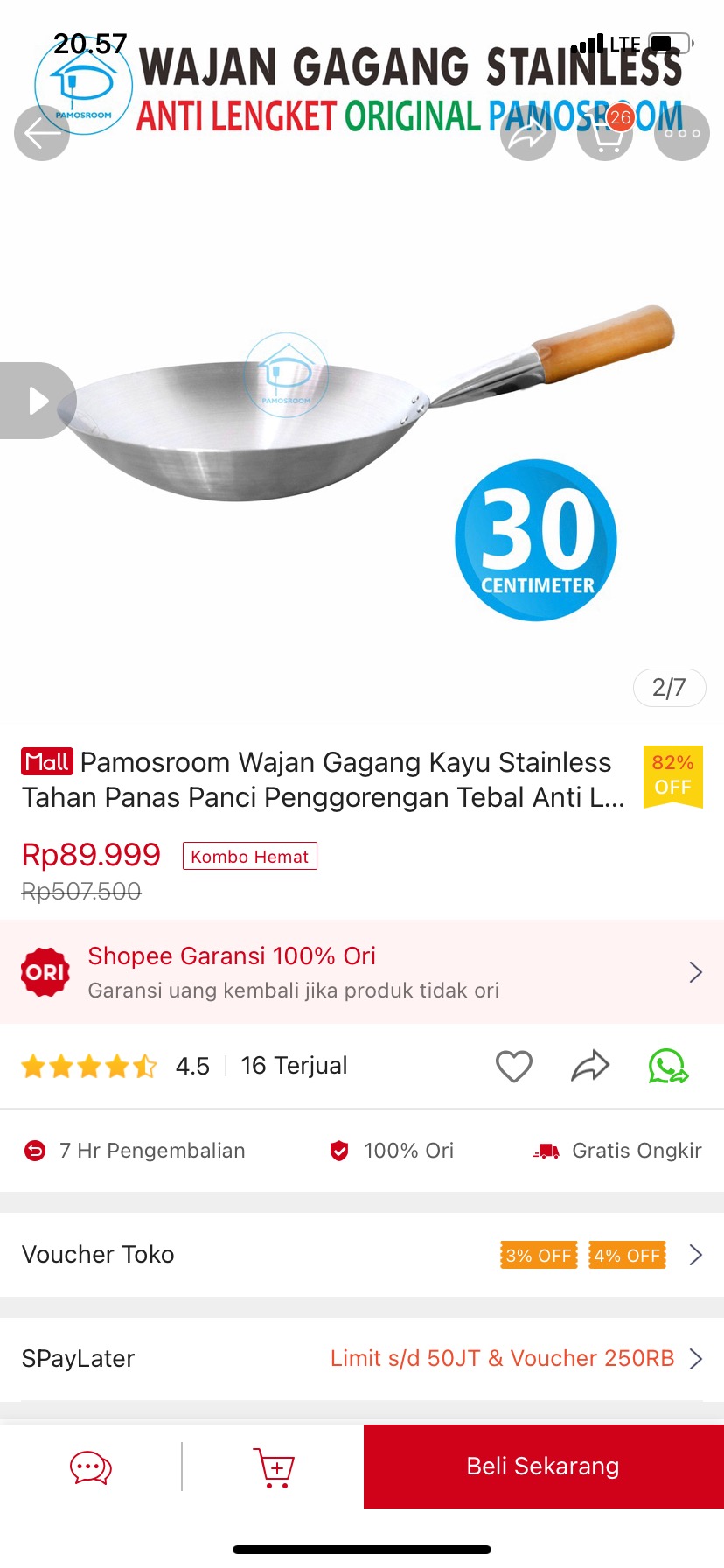 Pamosroom Wajan Gagang Kayu Stainless Tahan Panas Panci Penggorengan Tebal Anti Lengket Kuali 30cm