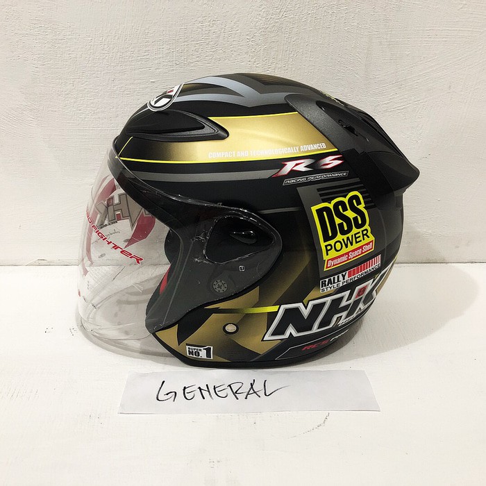 Helm NHK R6 Motif Rally #2 Black Gold Doff Hitam Gold Dop Half Face