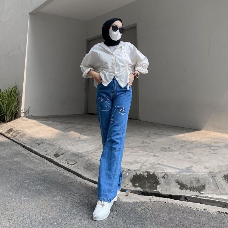 (27-30) FACE BORDIR HW LOOSE JEANS / MUKA BORDIR HW LOOSE JEANS / CELANA HIGHWAIST LOOSE JEANS WANITA CEWEK