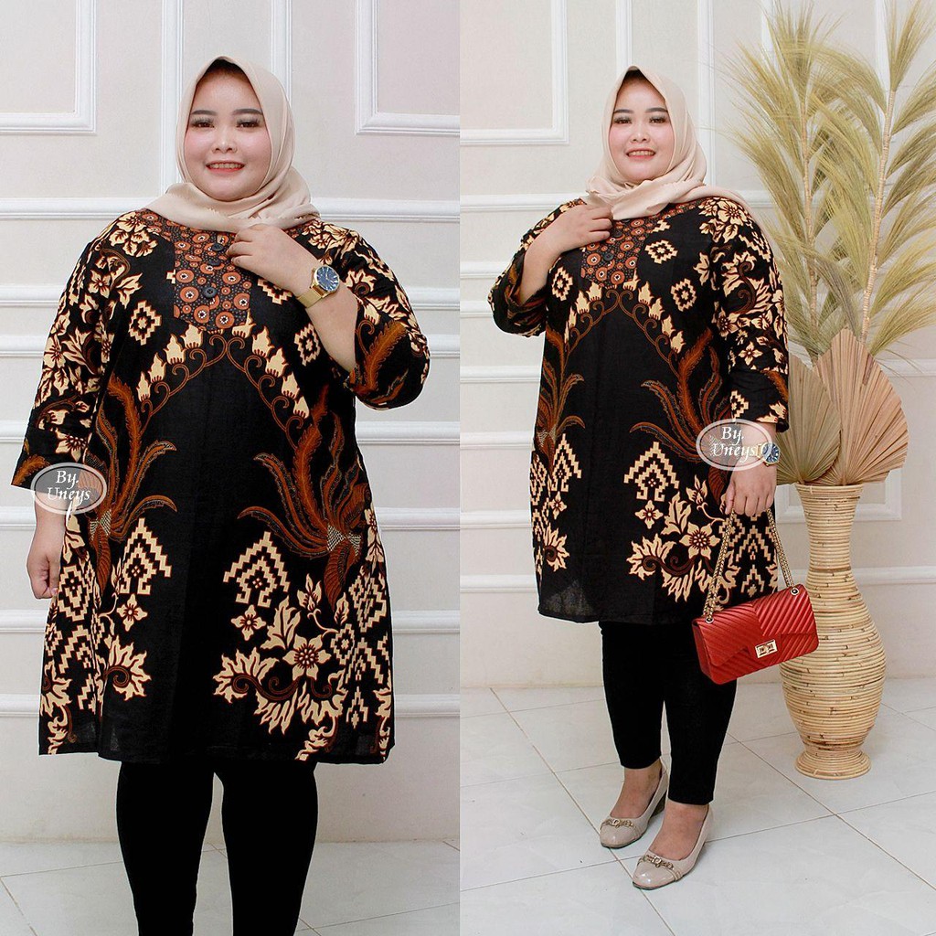 Tunik Batik Wanita Ukuran Jumbo LD 140cm Resleting Belakang Bahan Katun Adem Di Pakai Serap Keringat