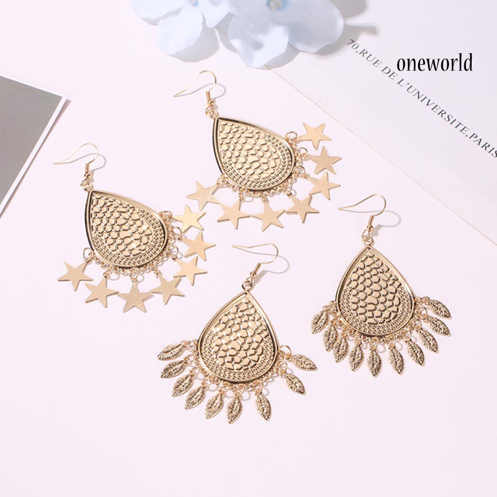 OW# Ethnic Women Heart Rhombus Geometric Dangle Tassel Hook Earrings Jewelry Gift