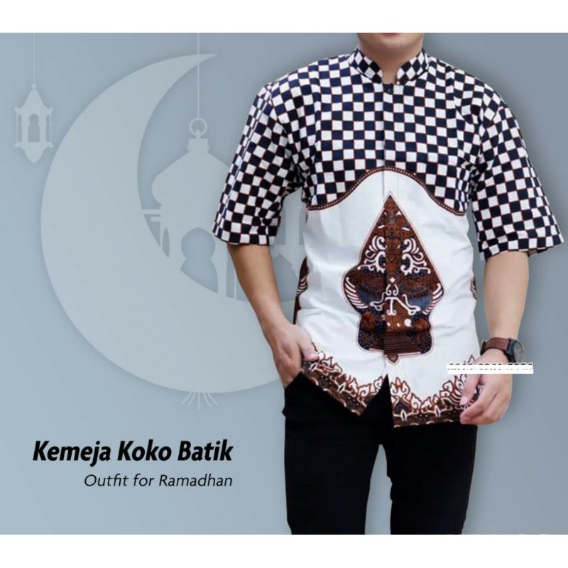 KEMEJA KOKO BATIK MODERN PRIA MOTIF WAYANG GUNUNGAN LENGAN PENDEK