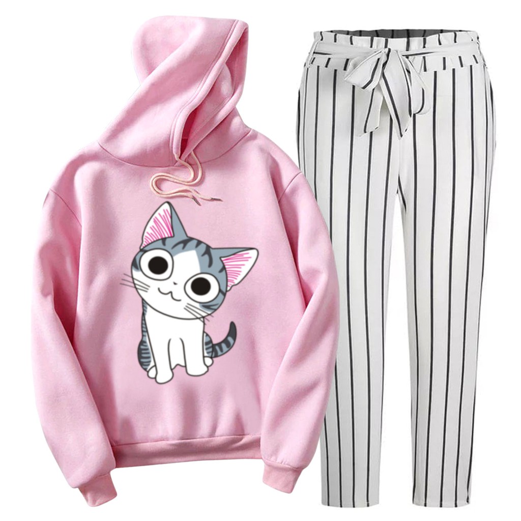 BESS - Setelan Hoodie Wanita Murah / Setelan Hoodie + Celana Salur Putih - KIKU CAT