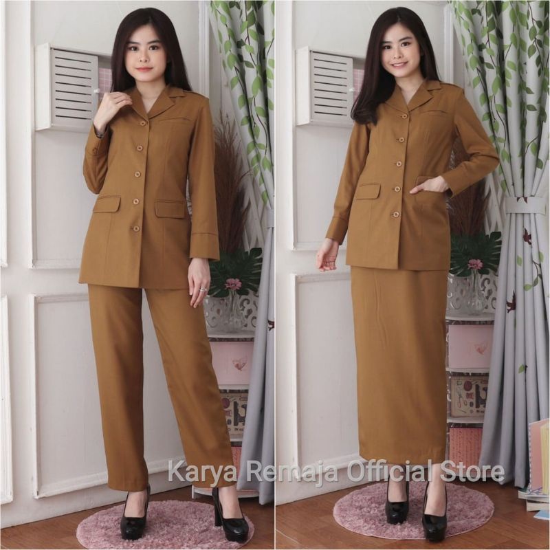 Setelan Seragam PNS Warna Khaki Tua Model Rok/Celana Panjang Wanita Seragam Pemda Seragam PDH