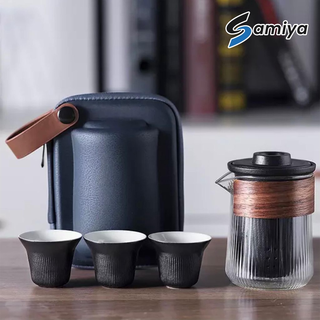 portable teapot travel set 3pcs wooden holder walnut / teko teh kaca tea pot set 3in1 chinese tea