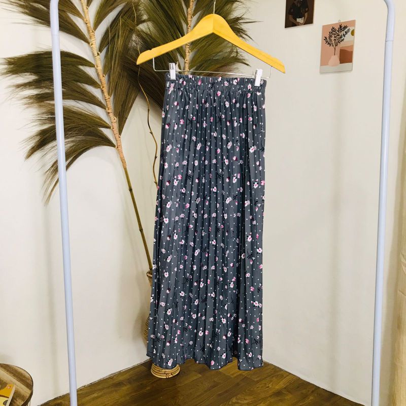 ROK PLISKET BUNGA DAISY / ROK PLISKET PREMIUM / ROK WANITA-Tulip abu tua