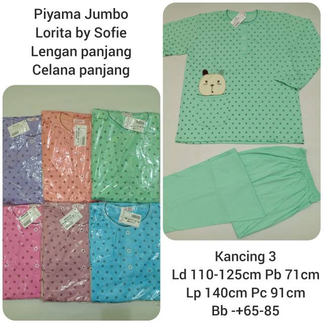 Piyama wanita pp jumbo dewasa kancing 3 lorita by sofie baju tidur big size panjang ld 110-125 cm